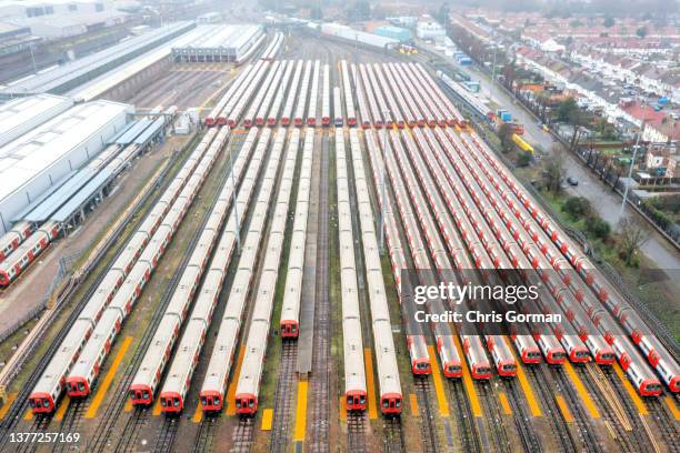 View of London underground trains at Neasden Railway depot as the underground is shut down due to strikes on March 1,2022 in London, England. The...