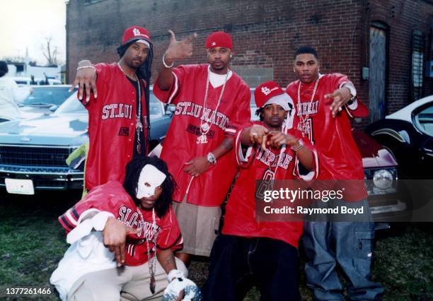 Rappers Kyjuan , Ali , Murphy Lee , Nelly and group mascot Slo Down of St. Lunatics poses for photos on location in preparation to film their video...