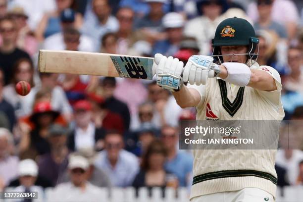 Australia's Steven Smith plays a shot on day four of the second Ashes cricket Test match between England and Australia at Lord's cricket ground in...