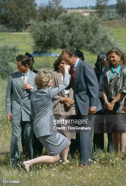 Diana, Princess of Wales curtseys to King Juan Carlos of Spain, who kisses her hand, as she and Prince Charles leave Toledo after an official visit...