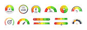 Multicolored speedometer scale set. Meter level score measure graphic dial with different colors