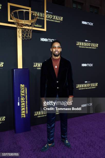 Jimel Atkins attends the premiere of HBO's "Winning Time: The Rise Of The Lakers Dynasty" at The Theatre at Ace Hotel on March 02, 2022 in Los...