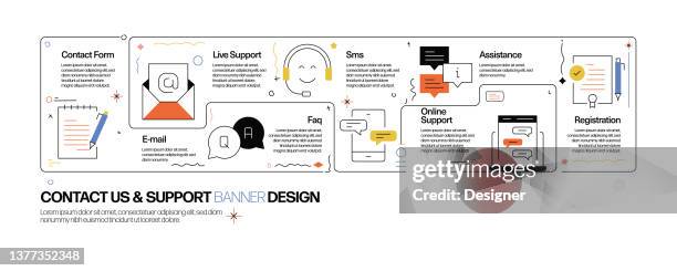 illustrations, cliparts, dessins animés et icônes de contactez-nous et support concept, line style vector illustration - postit