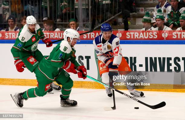 Lucas Ekestähl Jonsson of Rogle Angelholm challenges Veli Matti Savinainen of Tappara Tampere during the Champions Hockey League Final between Rogle...