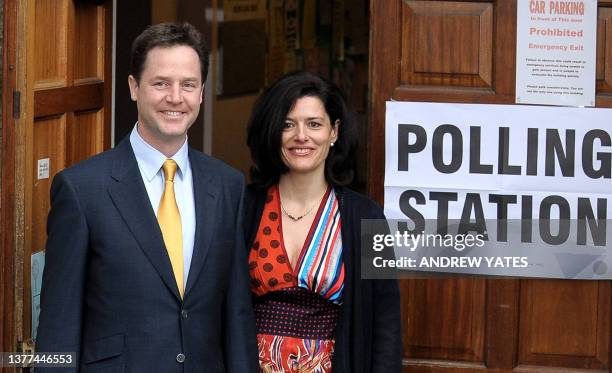 British opposition Liberal Democrat Leader Nick Clegg poses with his wife Miriam Gonzalez Durantez after casting his vote at Bents Green Methodist...