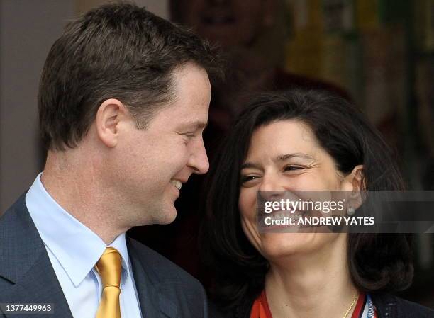 British opposition Liberal Democrat Leader Nick Clegg along with wife Miriam Gonzalez Durantez leave Bents Green Methodist Church in Sheffield,...