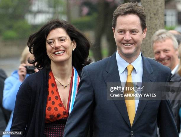 British opposition Liberal Democrat Leader Nick Clegg arrives with his wife Miriam Gonzalez Durantez to cast his vote at Bents Green Methodist Church...