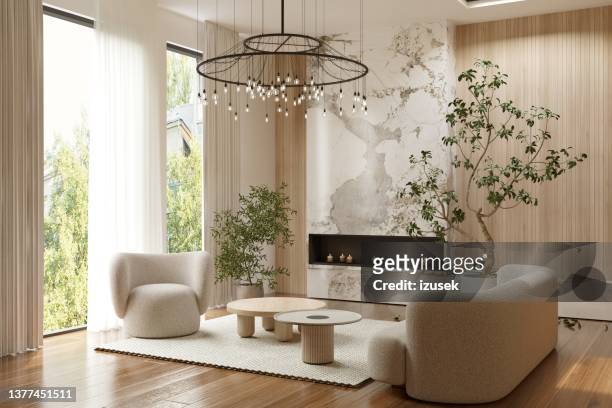 elegant chandelier over furniture in living room - modern curtain style stock pictures, royalty-free photos & images