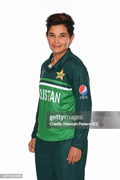 Anam Amin of Pakistan poses during a Pakistan squad portrait session ahead of the 2022 ICC Cricket World Cup at Orangetheory Stadium on March 01,...