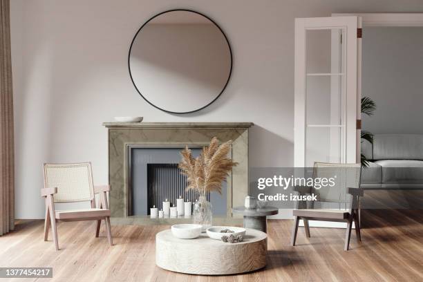 interior of 3d rendered furniture in living room - mirror 個照片及圖片檔