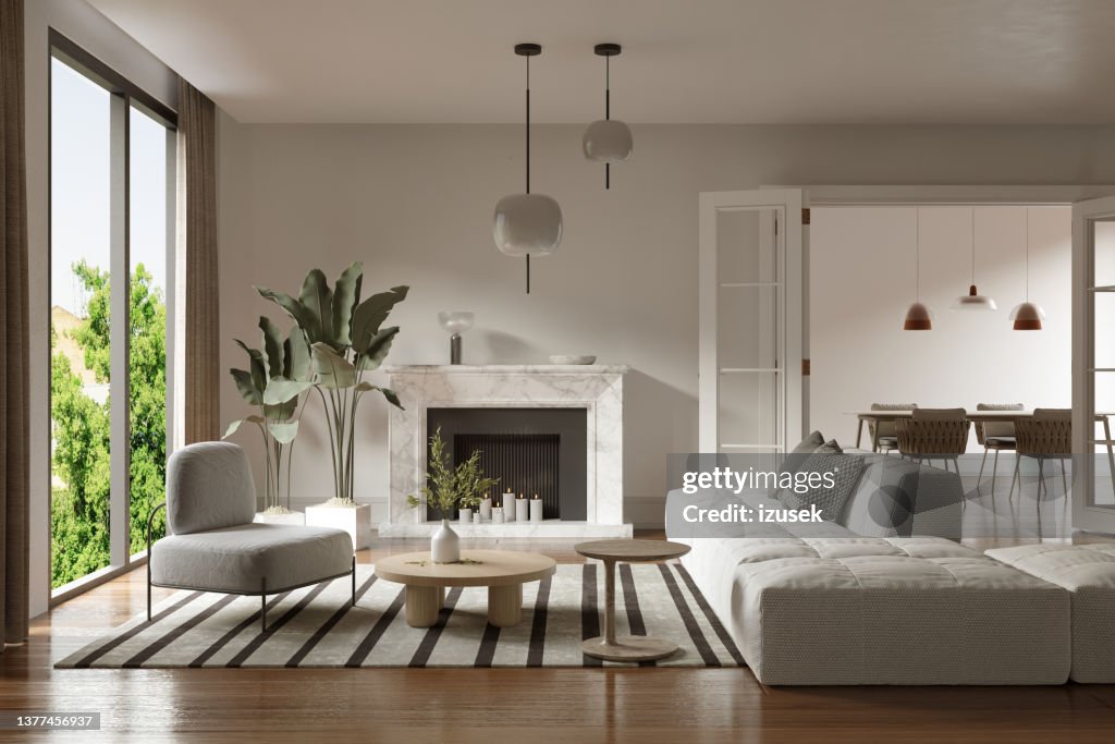 White sofa in contemporary living room at home