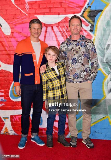 David Burtka, Gideon Scott Burtka-Harris and Neil Patrick Harris arrive to RiseNY’s official grand opening celebration on March 02, 2022 in New York...