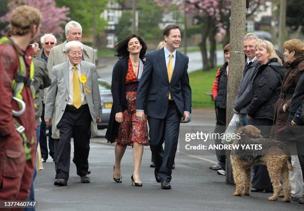 British opposition Liberal Democrat Leader Nick Clegg and his wife Miriam Gonzalez Durantez arrive at Bents Green Methodist Church in Sheffield,...