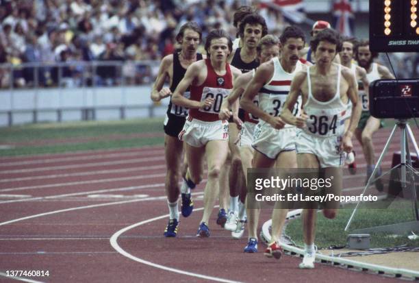 Brendan Foster of Great Britain leads Ian Stewart of Great Britain and Enn Sellik of the Soviet Union in the final of the Men's 5000 metres event at...