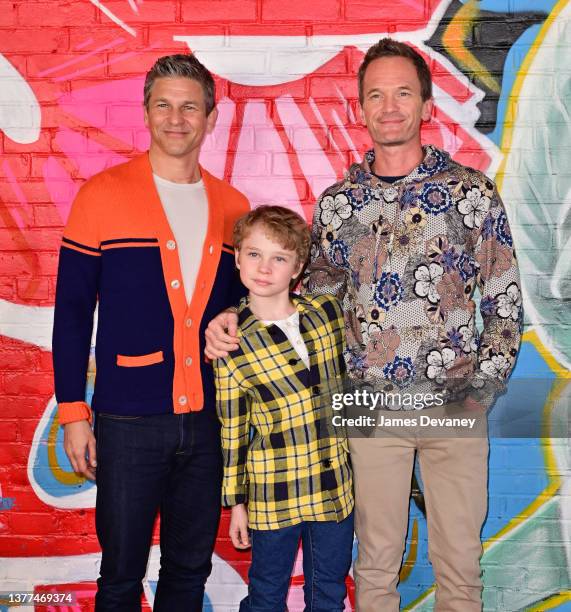 David Burtka, Gideon Scott Burtka-Harris and Neil Patrick Harris arrive to RiseNY’s official grand opening celebration on March 02, 2022 in New York...