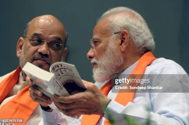 Prime Minister Narendra Modi with Home Minister and president of the ruling Bhartiya Janta Party Amit Shah during a Parliamentary Party meeting in...