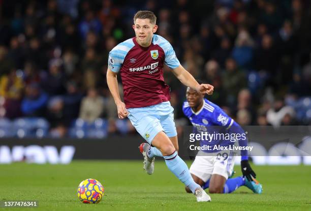 James Tarkowski of Burnley during the Premier League match between Burnley and Leicester City at Turf Moor on March 01, 2022 in Burnley, England.