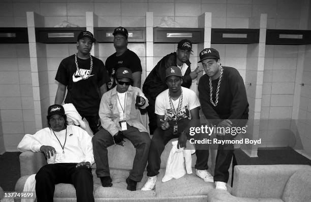 Rappers N.W.A. Dr. Dre, Laylaw from Above The Law, The D.O.C. Ice Cube, Eazy-E., MC Ren and DJ Yella pose for a photo before their performance during...