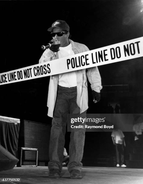 Rapper Eazy-E from N.W.A. Performs during the "Straight Outta Compton" tour at Kemper Arena in Kansas City, Missouri in 1989.