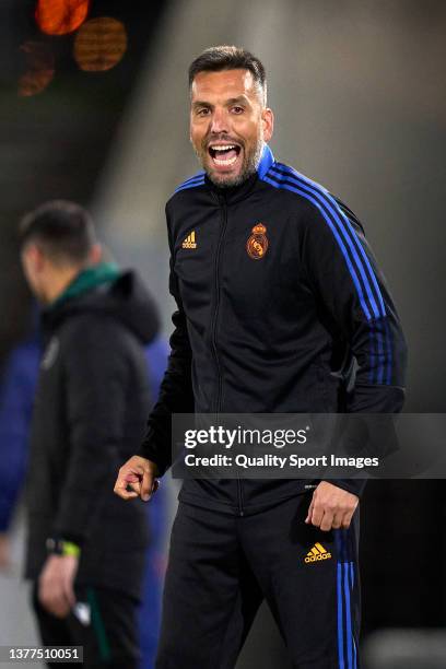 Hernan Perez head coach of Real Madrid reacts during the UEFA Youth League Round Of Sixteen match between Real Madrid and Atlético Madrid at on March...