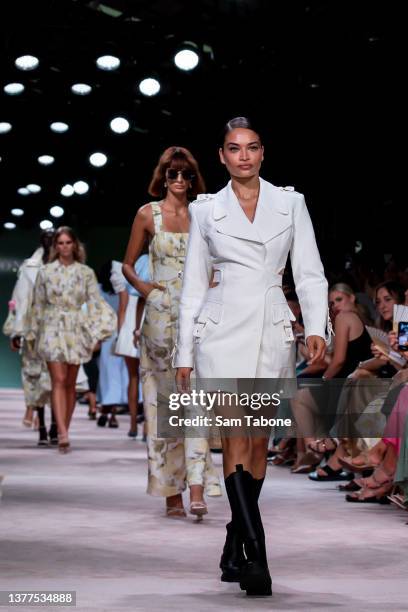 Shanina Shaik showcases designs during the Melbourne Fashion Festival Gala Runway show at Queen Victoria Market on March 03, 2022 in Melbourne,...