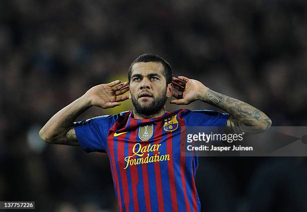 Daniel Alves of FC Barcelona celebrates scoring his sides second goal during the Copa del Rey quarter final second leg match between Barcelona and...