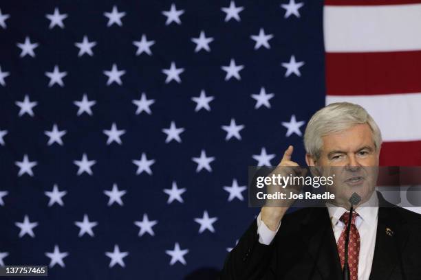 Republican presidential candidate and former Speaker of the House Newt Gingrich speaks at a Space Coast Town Hall Meeting on January 25, 2012 in...