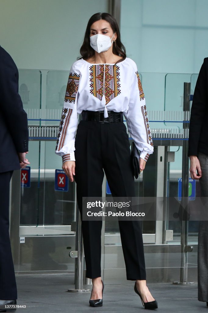 Queen Letizia Of Spain Arrives At Mutua Madileña's Auditorium