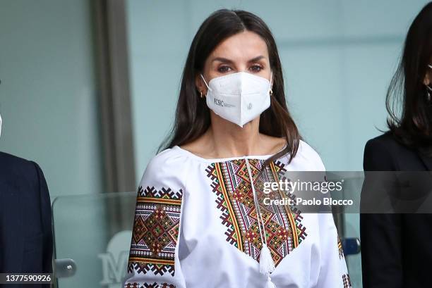 Queen Letizia of Spain arrives at the Mutua Madileña's auditorium on March 03, 2022 in Madrid, Spain.