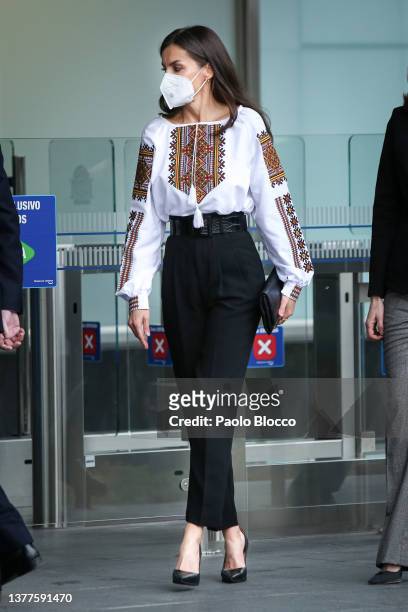 Queen Letizia of Spain arrives at the Mutua Madileña's auditorium on March 03, 2022 in Madrid, Spain.