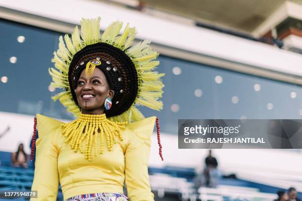Model presents creations by local designers during a fashion show at the 2023 edition of the Hollywoodbets Durban July horse race in Durban on July...