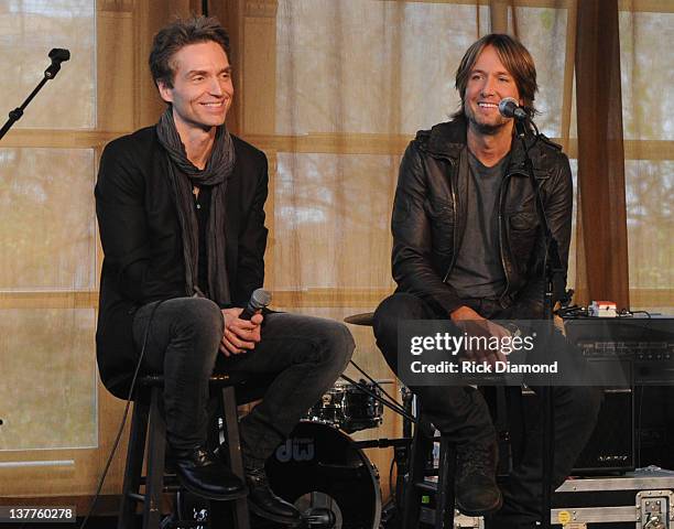 Richard Marx and Keith Urban answer questions from press at the BMI & ASCAP Party For "Long Hot Summer" written by Keith Urban and Richard Marx at...