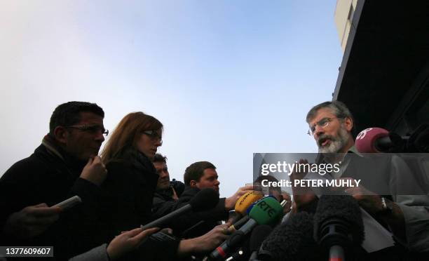 Sinn Fein leader Gerry Adams speaks with the media representatives outside the Raddison hotel in Dublin, Ireland on January 23, 2010. Adams is...