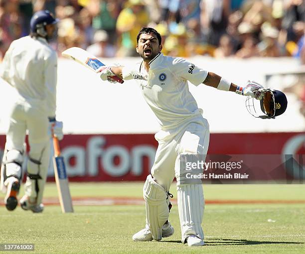 Virat Kohli of India celebrates his century during day three of the Fourth Test Match between Australia and India at Adelaide Oval on January 26,...