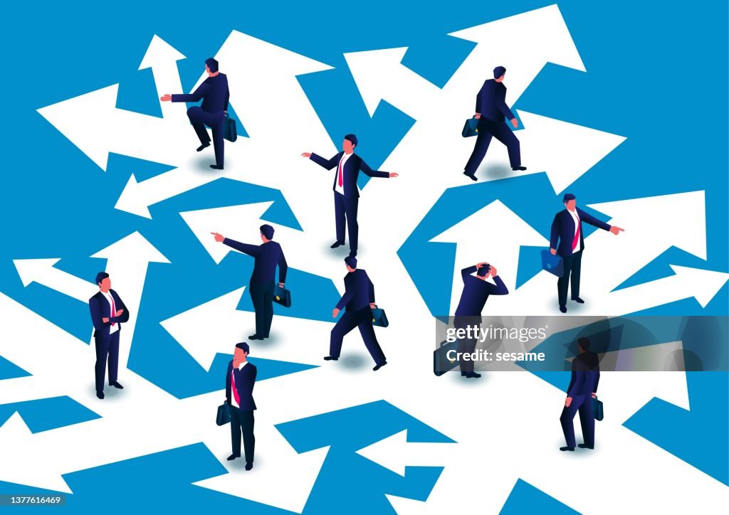 Confused group of businessmen looking for direction on chaotic road and direction