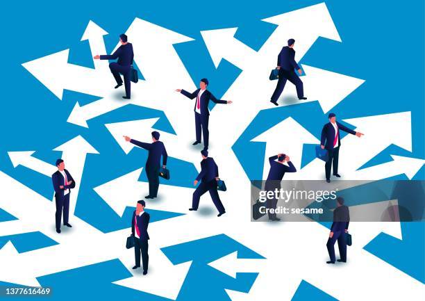 bildbanksillustrationer, clip art samt tecknat material och ikoner med confused group of businessmen looking for direction on chaotic road and direction - business corporate illustration arrow