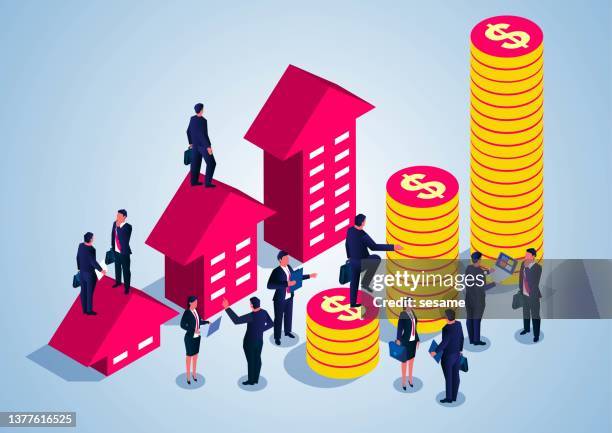 the growth of house prices and the growth of gold coin stack height, the real estate industry. - higher return stock illustrations