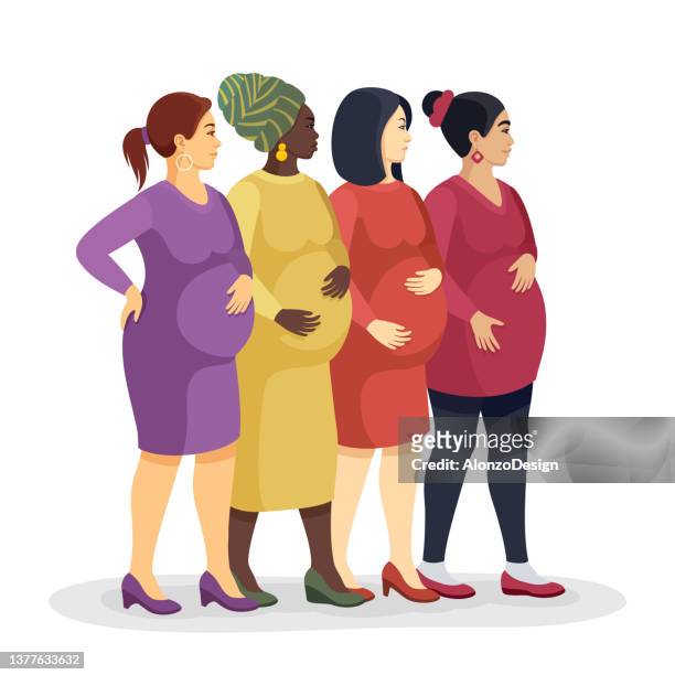ilustraciones, imágenes clip art, dibujos animados e iconos de stock de mujeres embarazadas de diferente etnia. - happy smiling young woman side view