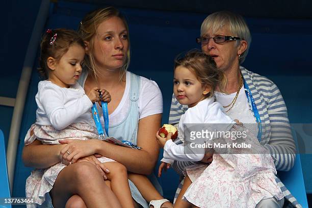 The children of Mirka and Roger Federer, Myla Rose and Charlene Riva are seen prior to the semifinal match between Rafael Nadal of Spain and Roger...