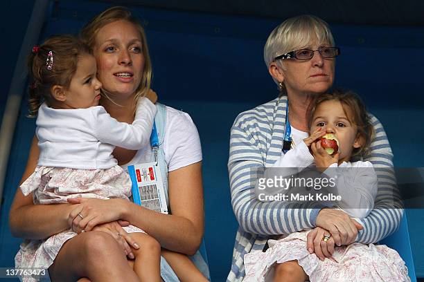 The children of Mirka and Roger Federer, Myla Rose and Charlene Riva are seen prior to the semifinal match between Rafael Nadal of Spain and Roger...