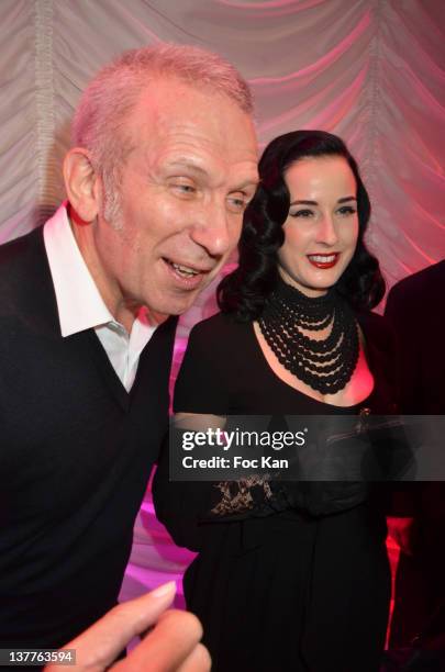 Jean Paul Gaultier and Dita Von Teese attend the Jean Paul Gaultier Paris Fashion Week Haute Couture Spring/Summer 2012 Show at the Studio Jean Paul...