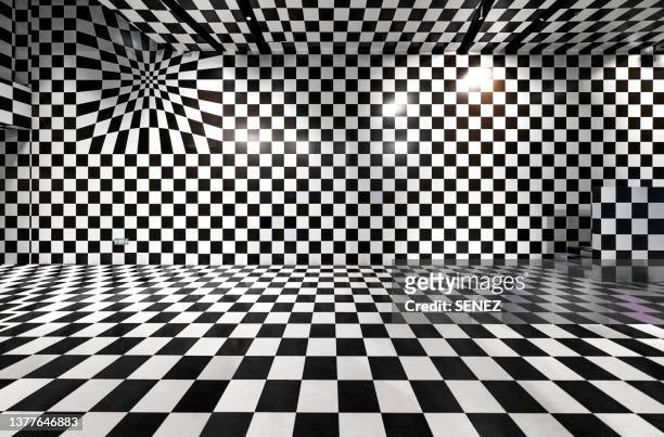 full frame shot of checkered tiles in room - chess board stockfoto's en -beelden
