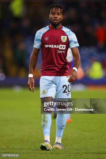 Maxwel Cornet of Burnley looks on during the Premier League match between Burnley and Leicester City at Turf Moor on March 01, 2022 in Burnley,...