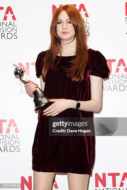 Karen Gillan poses with her Drama Performance Female award in the press room at the National Television Awards 2012 at The O2 Arena on January 25th,...