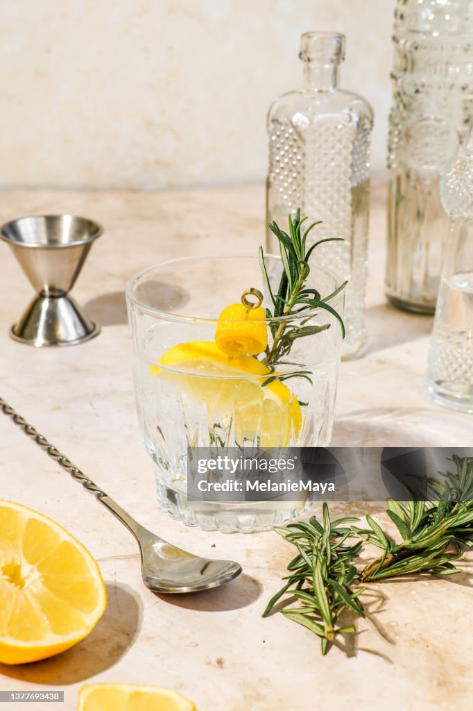 Gin Tonic alcohol drink cocktail with lemon zest and rosemary