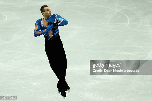 Kevin Van Der Perren of belgium preforms in the Mens Short Program during the ISU European Figure Skating Championships at Motorpoint Arena on...