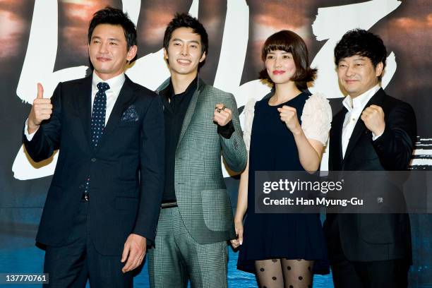 South Korean actors Hwang Jung-Min and Si Hoo and Cho Y-Jin and Cho Seong-Ha pose after a press conference to promote TV Chosun drama 'The Korean...