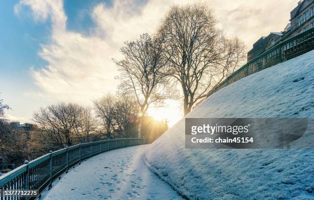 morning light winter season in aberdeen scotland with snow fall cover road and townhome. travel destination in scotland united kingdom. - aberdeen scotland city stock pictures, royalty-free photos & images