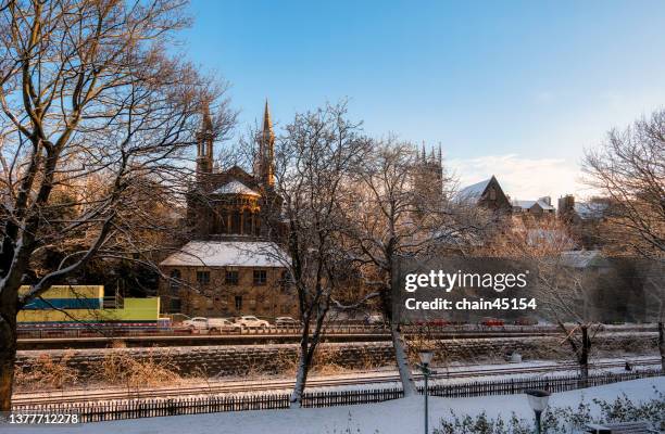 morning light winter season in aberdeen scotland with snow fall cover road and townhome. travel destination in scotland united kingdom. - aberdeen scotland city stock pictures, royalty-free photos & images