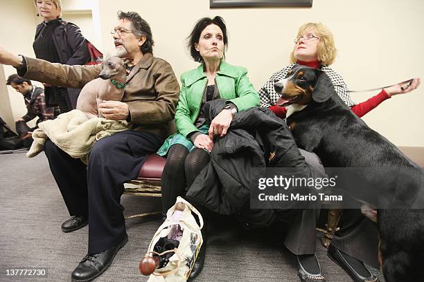 Alma , a Xoloitzcuintili breed, and Hoss , an Entlebucher Mountain Dog, wait for a press conference to start at the Westminster Kennel Club's 136th...